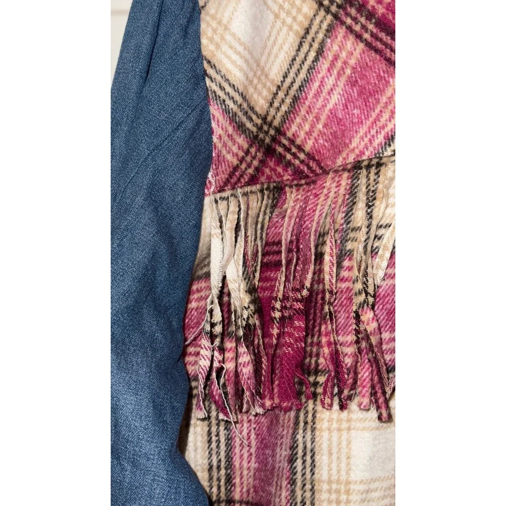 Umgee Plaid Denim Mixed Media Fringe Shacket Pink Brown K6246 Mens M